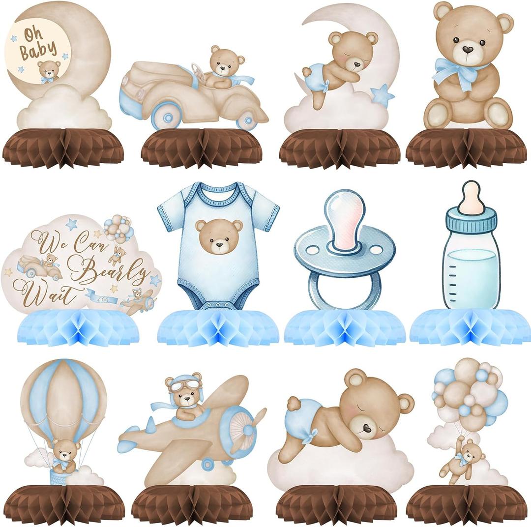 We Can Bearly Wait Baby Shower Decorations - Blue Teddy Bear Honeycomb Decorations and Balloon Bear Decorations