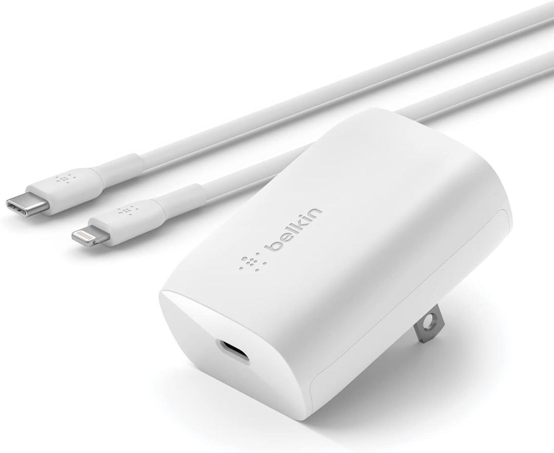 Belkin USB C Charger Block 20W - USB-C to Lightning Cable Included - PD, PPS Super Fast Charging - Samsung Galaxy S25, Apple iPhone 17, Air, Pro Max, iPad, AirPods & More  White,