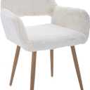 KCC Furry Desk Chair, Mid-Century Modern Accent Comfy Armchair with Faux Fur for Teen Girls, Wood Look Metal Legs Living Dining Room, Home Vanity Makeup Office No Wheel, White.