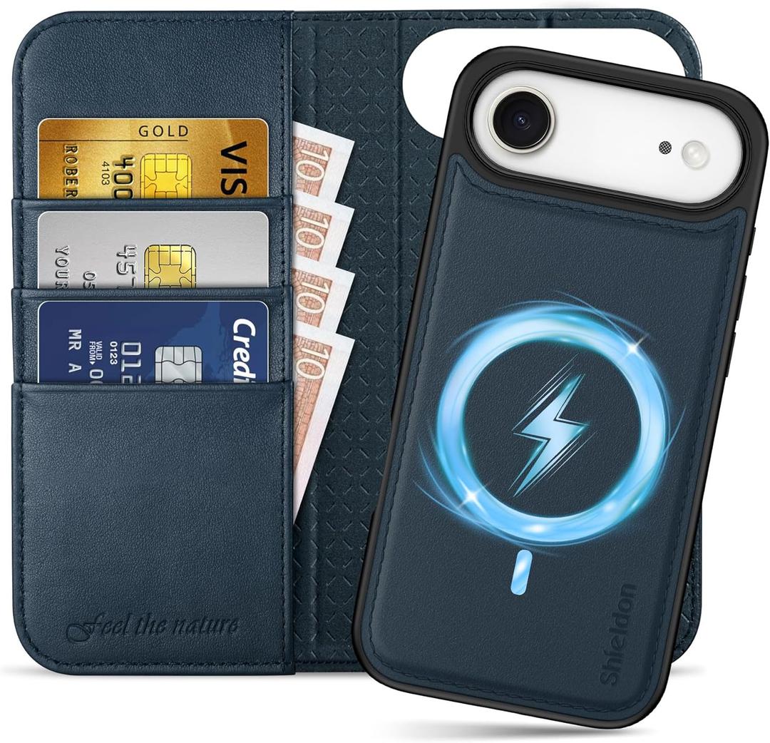 SHIELDON Genuine Leather Detachable Case Wallet for iPhone Air 6.5" 2025 | 2-in-1 | Wireless Charging | Flip Magnetic Closure | RFID Blocking Card Slot | Shock-Absorbing Cover | Navy Blue