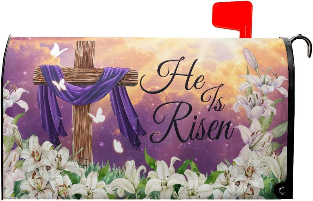 Kawani Happy Easter Purple Mailbox Covers Magnetic Spring Lilies Floral Mailbox Cover Standard Size 18 X 21 Inch Easter He is Risen Wrap Post Letter Box Decorative for Outdoor Home Garden Yard