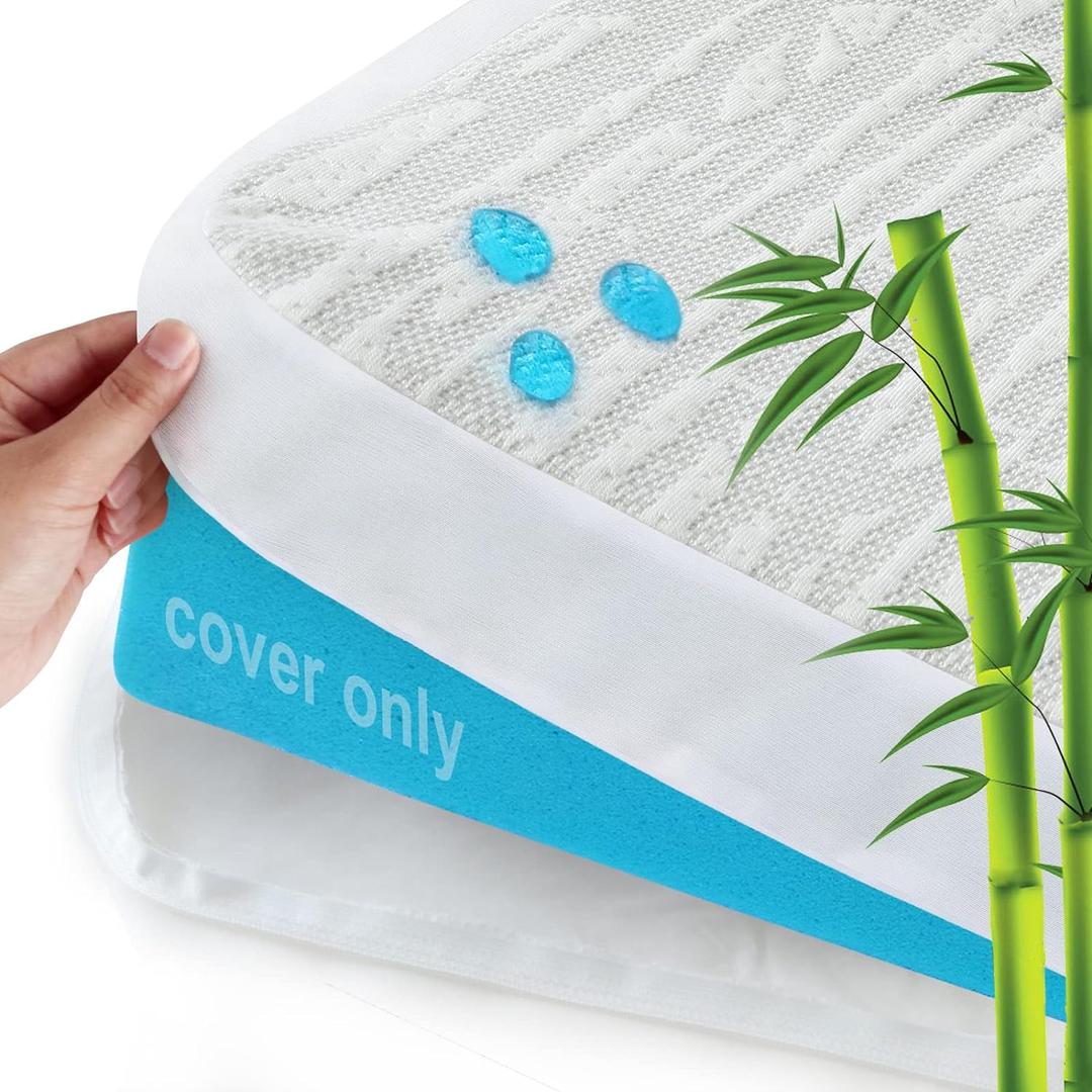 Mattress Topper Cover Protector King Size 3 Inch, 100% Waterproof Viscose Cooling Mattress Encasement Zippered with Adjustable Straps, Fit Memory Foam Mattress Topper