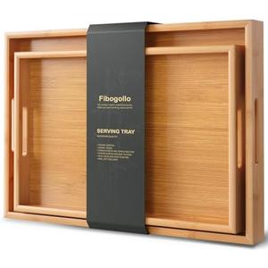 Fibogollo Bamboo Set of 2 Serving Tray with Handles,Decorative Trays Platter,Breakfast Tray in Bed,Food Drinks Tray for Eating,Working,Storing(Natural)
