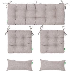 Outdoor Wicker Chair Cushions of 5Pieces,Tufted Patio Bench Cushions & 2Seat Cushions with Ties,2Lumber Pillows,Waterproof Cushions for Patio Furniture -Tan/Taupe, 5pieces/1pack