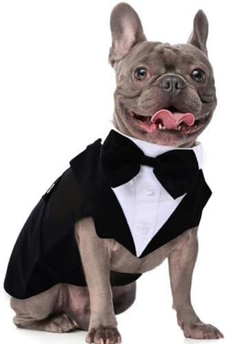 Dog Tuxedo for Medium Dogs, Dog Suit and Bowtie, Formal Dogs Wedding Outfit, Pet Tuxedo and Bandana Set Valentines Birthday Costumes for French Bulldog, Pomeranian, Dachshund, Black, L