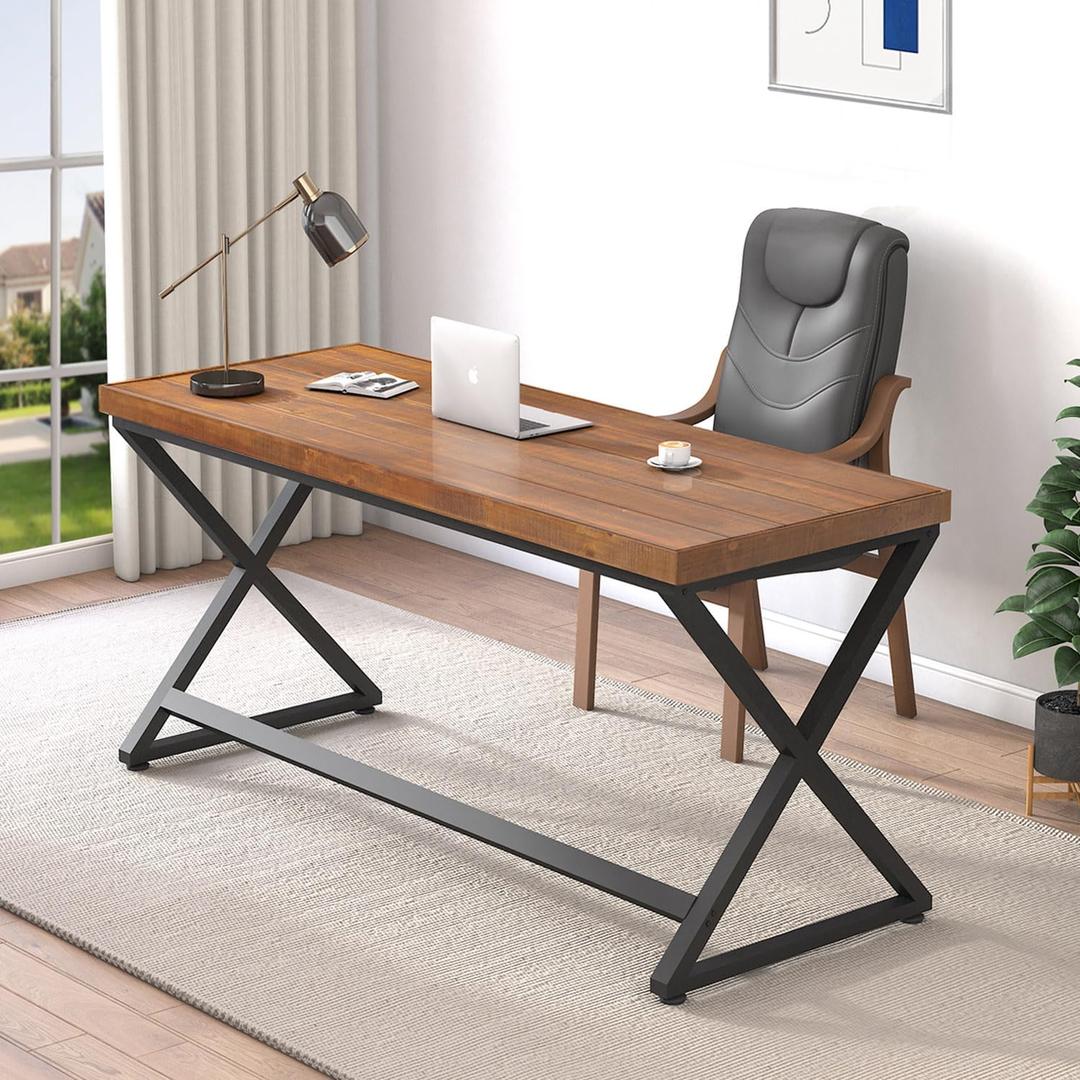 Solid Wood Work Desk, Minimalist 47 Real Wood Computer Desk, Rustic Natural Wood Desk for Home Office Writing Study, Vintage Wooden PC Gaming Computer Table Workstation in Bedroom, Brown, 47 inch