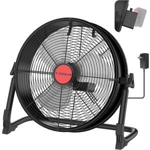 16" Battery Operated Floor Fan for Dewalt 20V Max Battery, Portable Fan with AC Adapter and USB Output, Metal Industrial High Velocity, Stepless Speed Cordless Fan for Jobsite Garage Camping Emergency Black