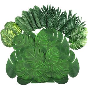 108 Pieces 7 Kinds Artificial Tropical Leaf Jungle Leaves Plant Safari Leaves Decorations Fake Palm Leaf with Stems for Hawaiian Luau Party Table Beach Birthday Wedding Theme Party Decorations