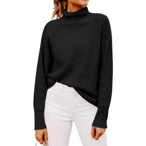 Yousify Womens Ribbed Mock Neck Batwing Sleeve Sweater Loose Knitted Pullover Sweaters Jumper Tops (Medium, 1- Black)
