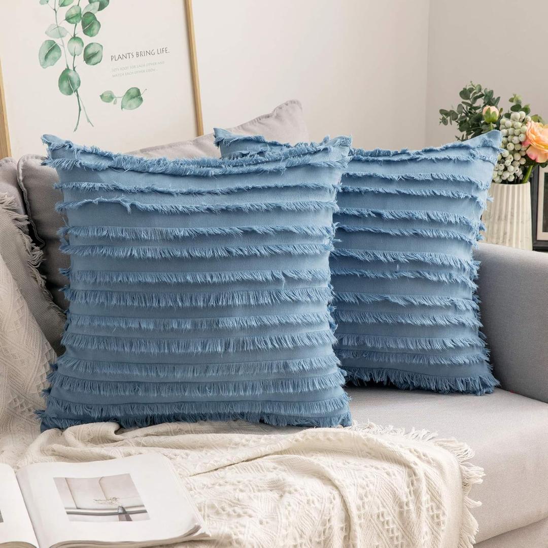 MIULEE Set of 2 Decorative Boho Throw Pillow Covers Linen Striped Jacquard Pattern Cushion Covers for Sofa Couch Living Room Bedroom 18x18 Inch Blue