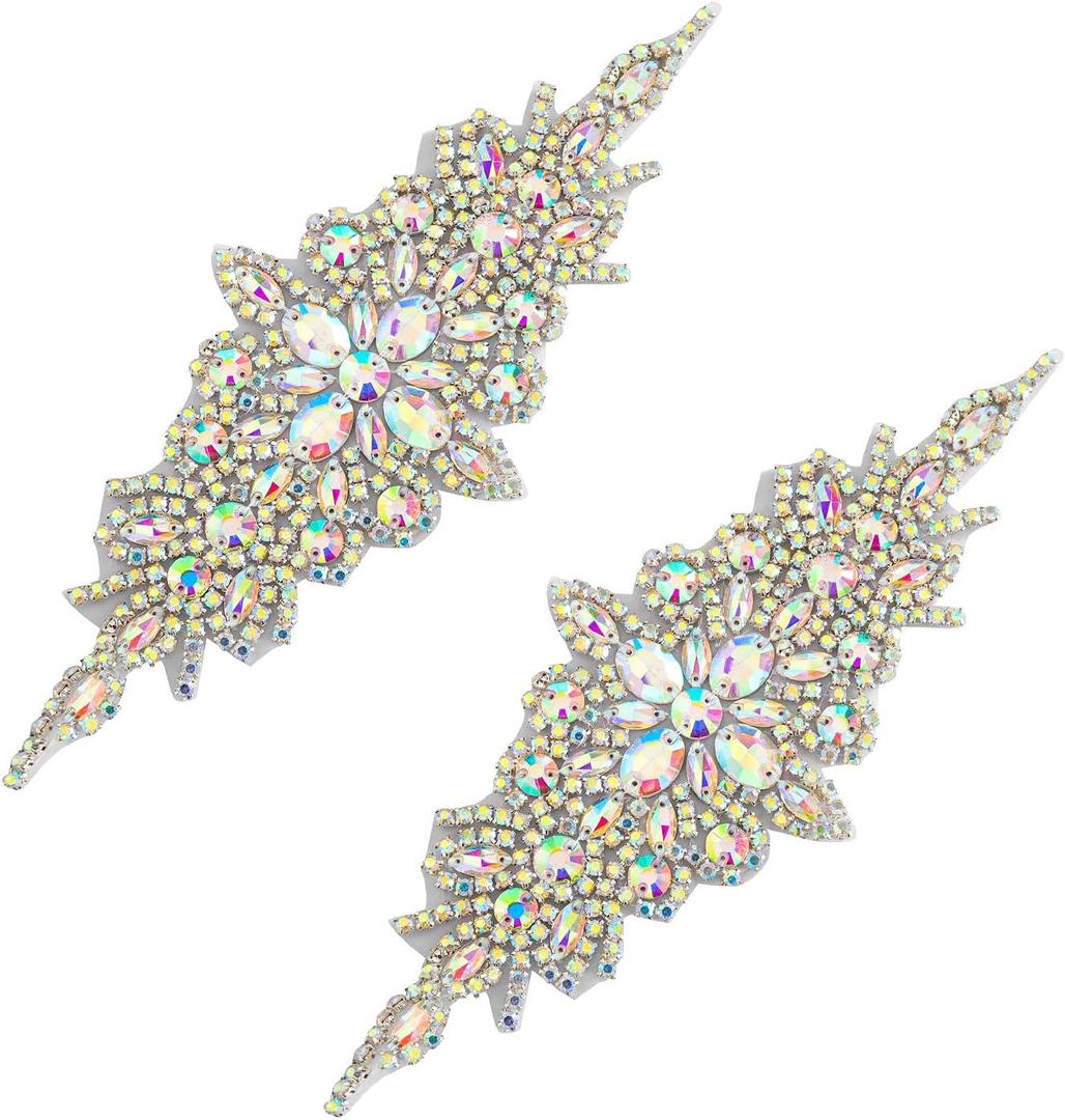 DUOBAO 2PCS Rhinestone Bead Silver Applique Belt Bridal Accessories Crystal Trim Rhinestones Beaded Appliques Wedding Dress Sash Belts Headband DIY