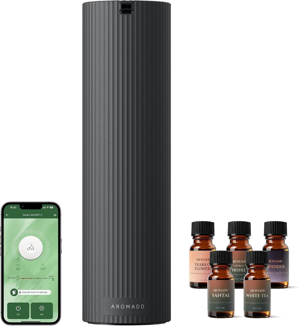 Aromadd Scent Diffuser Starter Kit Waterless Essential Oil Diffuser for Home, 1500 Sq.Ft Coverage Scent Air Machine, Smart Auto Mode Hotel Collection Diffuser with Cold Air Tech (Black)