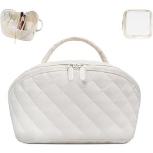 Makeup Bag,Quilted Puffer Cosmetic Bag for Women, 180 Lay-Flat Travel Make up Bag, Waterproof Large Capacity Toiletry Bag with Sturdy Zippers, Portable Makeup Organizer for Travel & Daily Use (Medium, White)