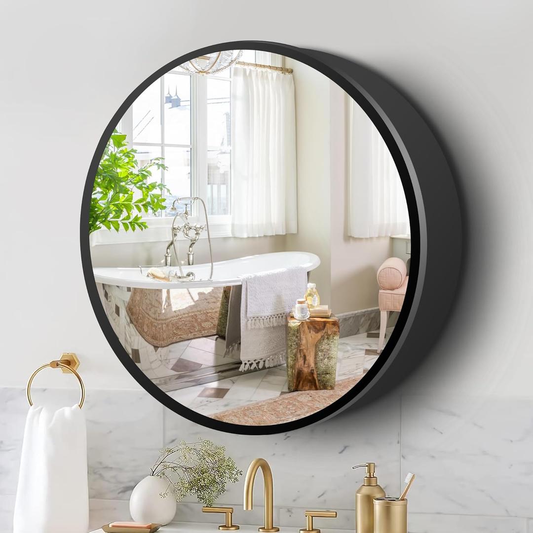 Movo 28 Inch x 28 Inch Bathroom Round Black Aluminum Medicine Cabinet with Mirror, Circular Storage Cabinet Surface Mounted