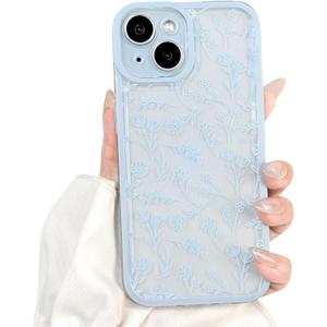 NITITOP Compatible with iPhone 15 Plus Case Cute Clear Blue Durable Flower Floral Leave for Girls Women Soft TPU Transparent Colourful Frame Full Camera Lens Shockproof Protective Cover - Blue
