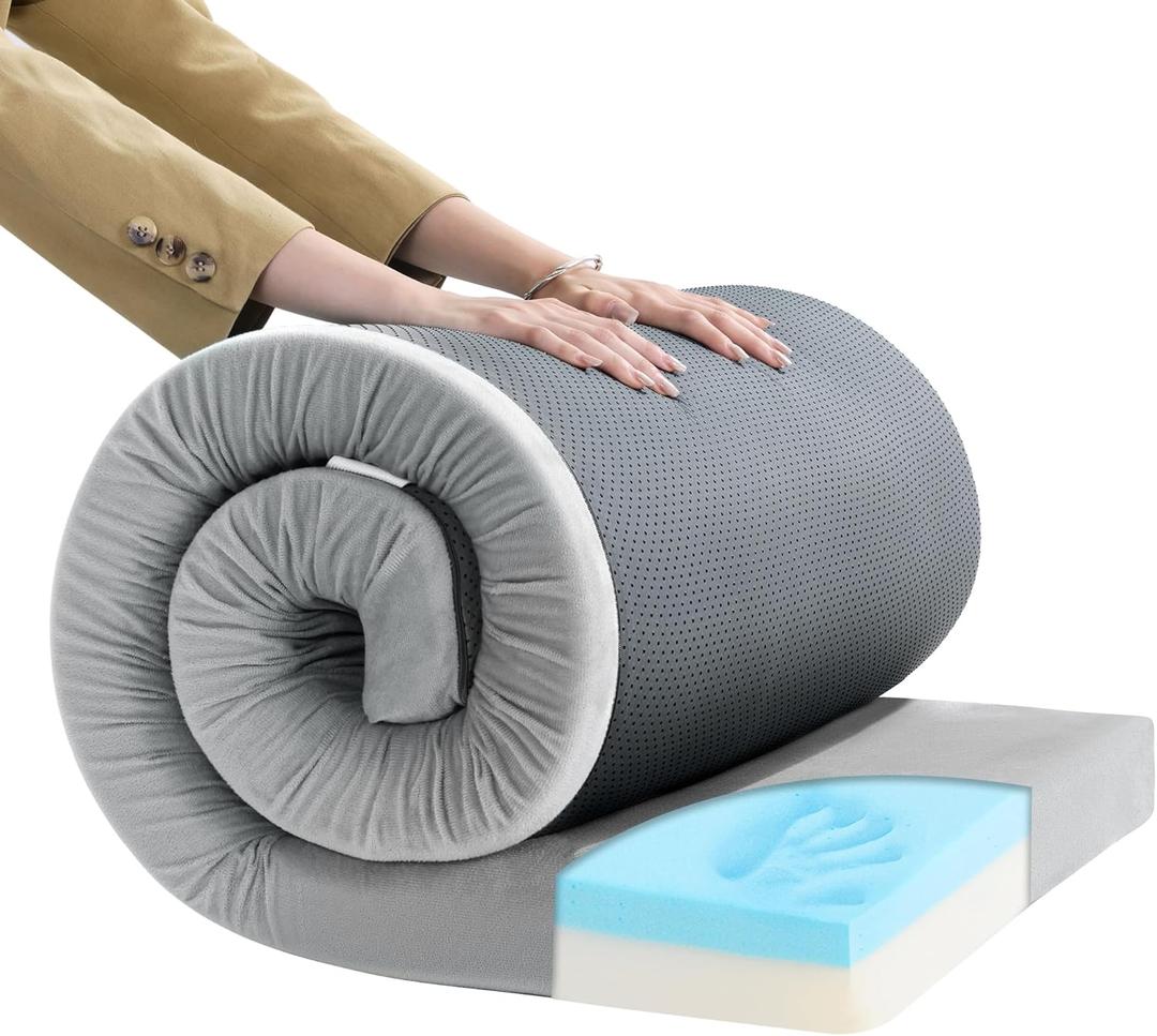 MABOZOO Memory Foam Camping Mattress Pad Waterproof Portable Sleeping Mats Roll Up Mattress Guest Bed 3 Inch Thick Washable Velvet Cover Floor Camping Cot for Car Truck Outdoor Tent (Light Grey)