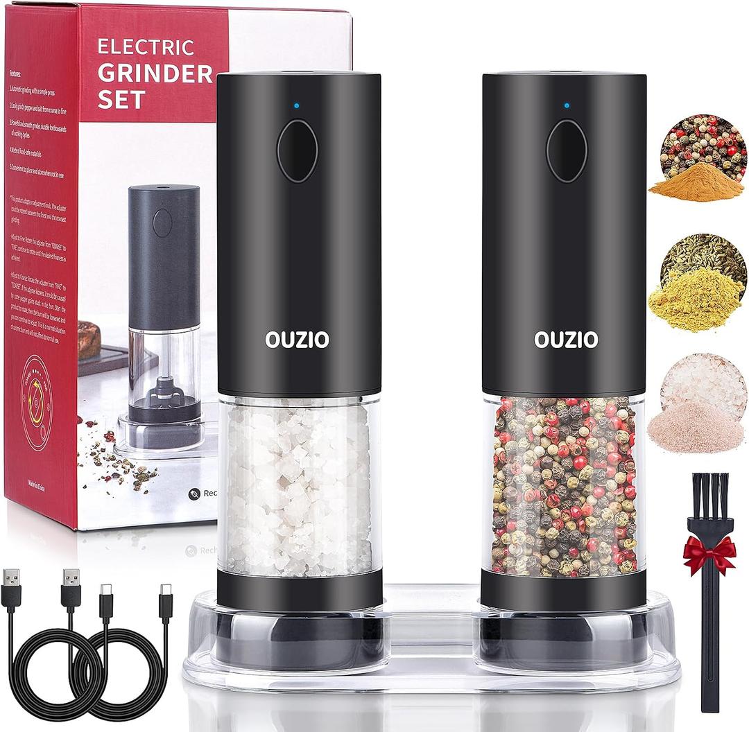 Rechargeable Electric Salt and Pepper Grinder Set with Storage Base, Automatic Mill Grinder Set Adjustable Coarseness Rechargeable Battery Power Spices Shaker for Kitchen Restaurant Picnic Pack of 2