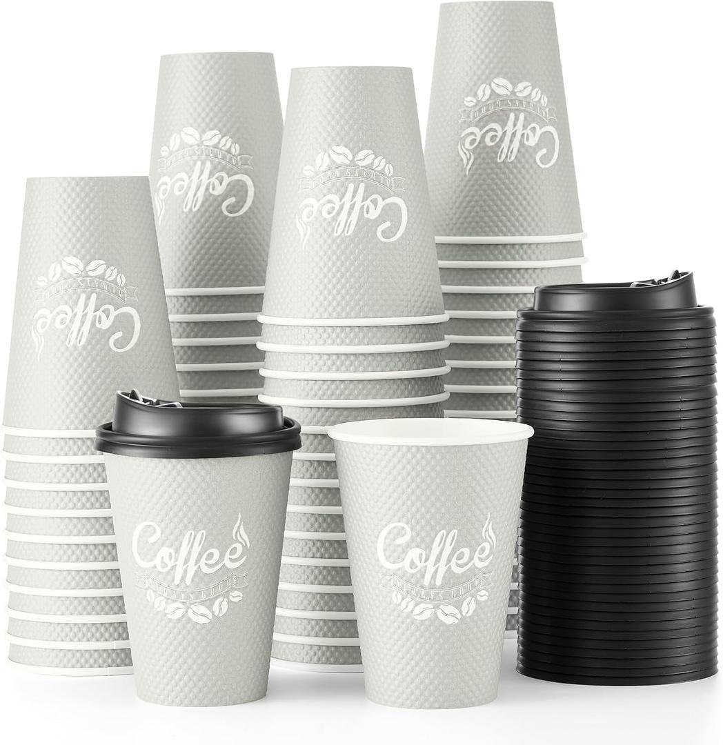 Tamone 100 Pack 12 oz Disposable Coffee Cups with Lids, Insulated Ripple Double-Walled Paper Coffee Cups for Hot Beverages, Cold/Hot Drinking To Go Coffee Cups with Lids for Parties and Travel (Grey)