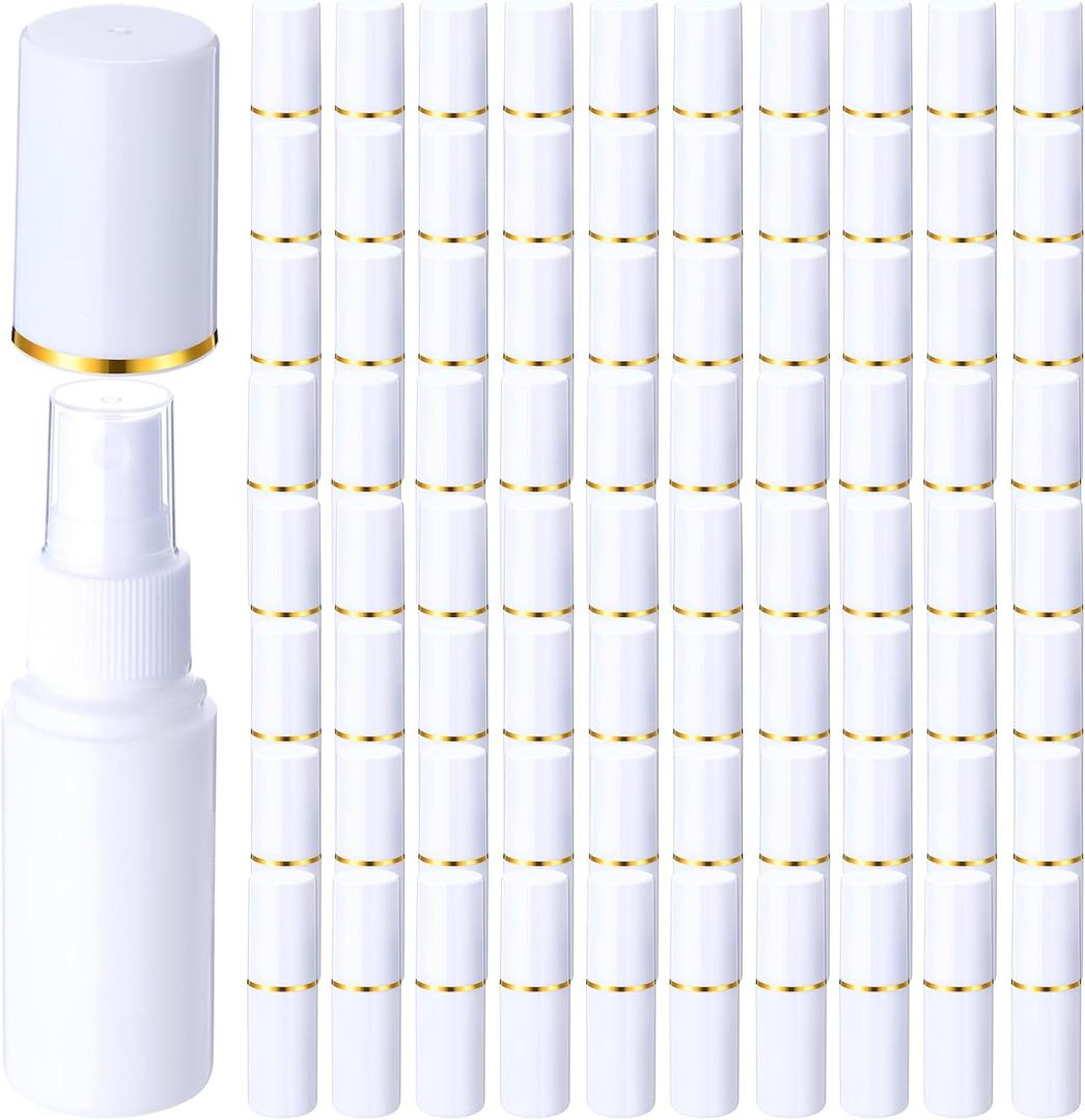 100 Pack 1 oz/30 ml Small Plastic Spray Bottles Fine Mist Mini Empty Travel Bottles with Pump Spray Cap Double Cap Liquid Containers for Essential Oils Cosmetic Perfume(White)
