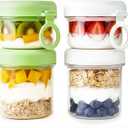 LKTKJDS On the Go Yogurt Parfait Snack Cup 26 oz with Spoon & Lid, 100% Leak Proof Granola Holder for To Go Breakfast Cereal Fruit Overnight Oats Container Reusable, Travel Hiking Camping 2 Pack (White and green Oatmeal Cup)