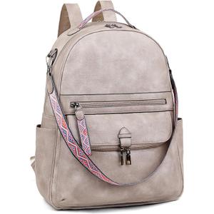 FADEON 15.6 inch Leather Laptop Backpack Purse for Women, Designer Travel PU Backpack with Laptop Compartment for Work Grey (Grey Retro Style)