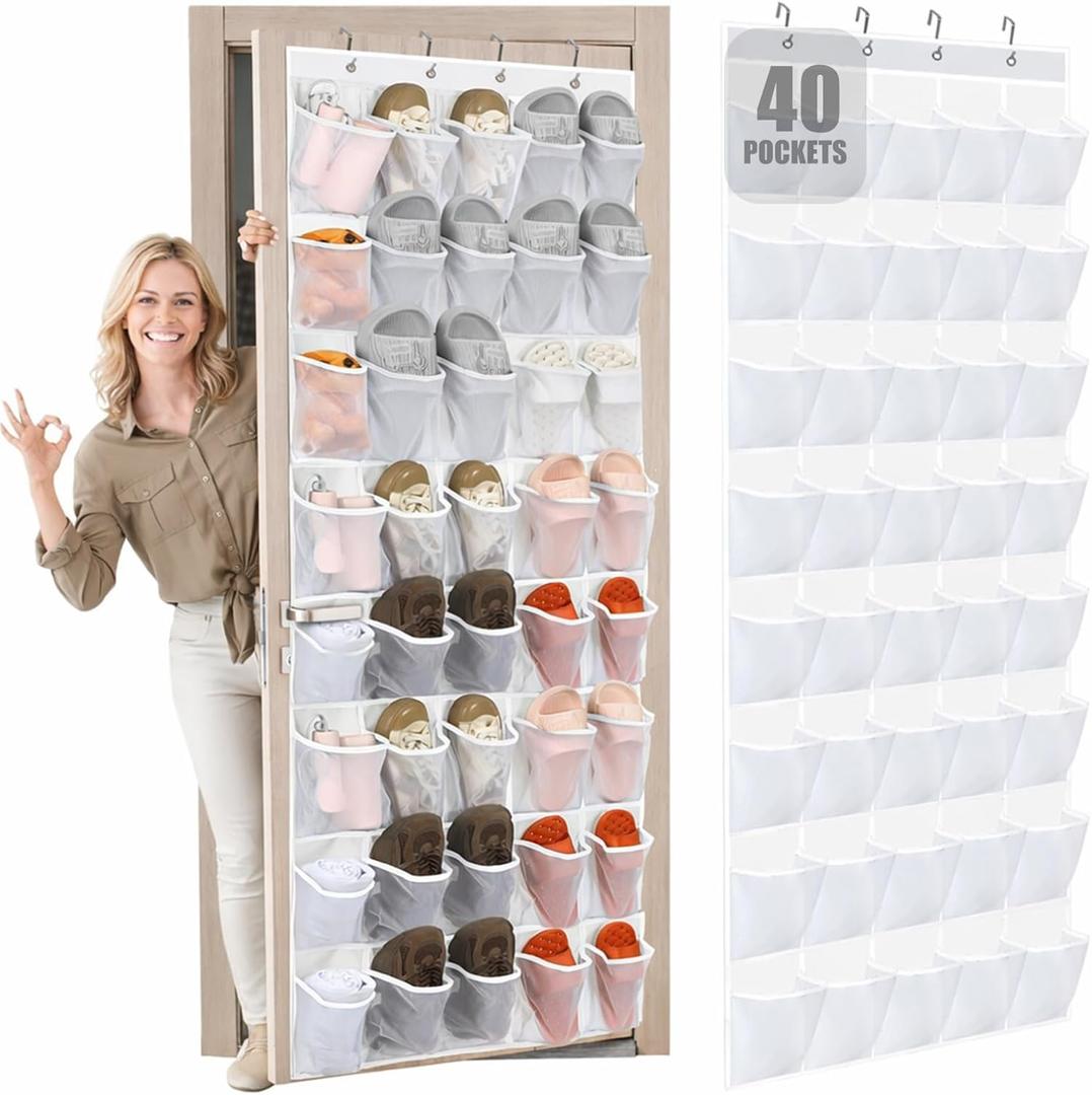 Windyun 40 Over the Door Shoe Organizer Large Breathable Mesh Pocket Clear White Hanging Shoe Rack for Closet Behind Door Hanger Storage Holder Nonslip Hook for Women Men Entryway Bedroom Utility Room