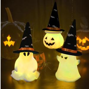 3 Pack Light Up Ghost Pumpkin Figurine Halloween Decorations, Spooky LED Lighted Ghost Statue with Witch Hats for Home Mantel Tabletop Party Holiday Decor