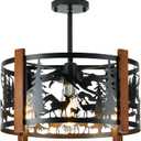Farmhouse Rustic Slanted Ceiling Light Fixture,4-Light Round E26 Base Black Metal Fixture with Deer Design Ideal for Kitchen, Living Room,Foyer, Bedroom, Hallway, and Rustic Style
