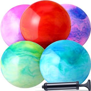 Chumia 18 Inch Fun Bouncy Balls 5 Pcs Rubber Inflatable Beach Ball Bouncing Sensory Playballs with Hand Air Pump for Park Backyard Beach Indoor Outdoor Party Favors (Sweet Color)