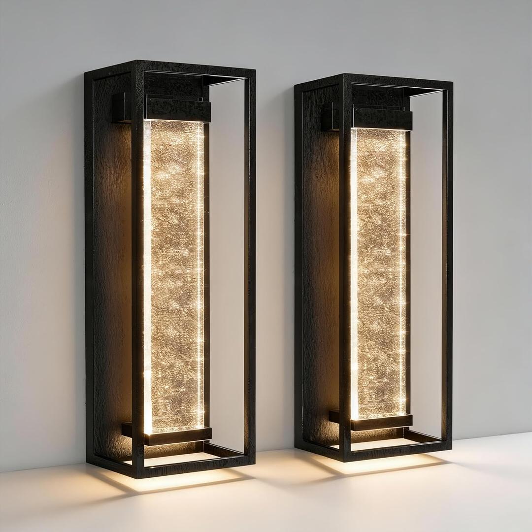 16 Inch Modern Outdoor Wall Sconce, Matte Black Waterproof Exterior Wall Light with Metal Frame and Crystal Bubble Glass, LED 3000K Warm White Lantern for Porch Garage Patio Lighting (2 Pack)