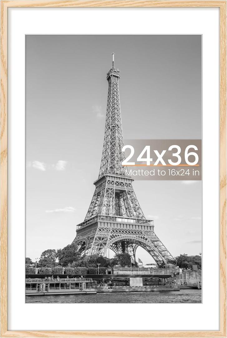 upsimples 24x36 Poster Frame, Display Pictures 20x30 with Mat or 24x36 Without Mat, Wall Hanging Picture Frame, Natural, 1 Pack