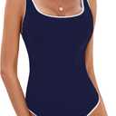 BMJL Women's One Piece Swimsuit Sports Adjustable Strap Bathing Suit Color Block Ribbed High Cut Swimsuits (X-Large, Dark Blue029)