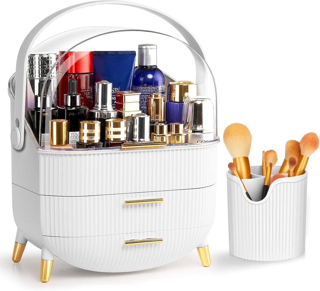 Haturi Makeup Organizer, Skincare Organizers w/Brush Holder, Cosmetics Organizer with Drawers, Waterproof & Dustproof Makeup Organizer for Vanity, Preppy Skin Care for Bathroom, Dresser, Countertop