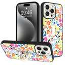 Fsoole for iPhone 15 Pro Case with Finger Strap Holder, Cute Colorful Floral Flower Print Pattern Design for Women Girls, Shockproof Anti Scratch Hand Kickstand Protective Cover, White