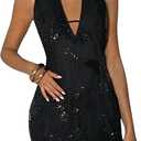 SweatyRocks Women's Sequin Halter Dresses Sleeveless V Neck Backless Embroidered Party Dresses S