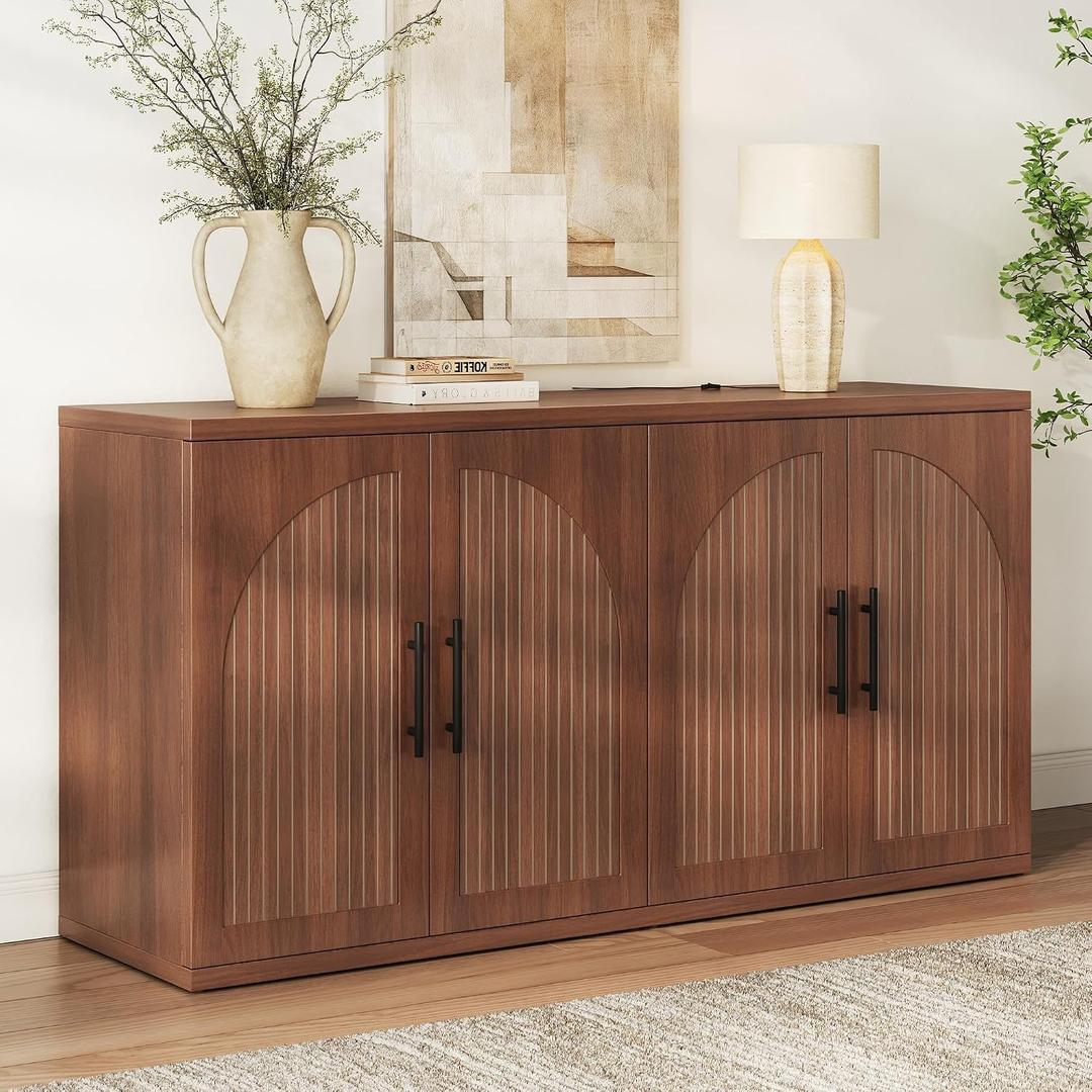 MapleGrace 63" Fluted Buffet Cabinet, Walnut Credenza with Adjustable Shelf 4 Doors Wood Console Table with Storage, Large Modern Symmetrical Arched Sideboard, Size: 63"L x 15.8"W x 31.5"H