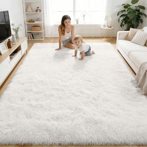 OLANLY Area Rugs for Living Room Bedroom, Machine Washable 4x5.9 ft Soft Fluffy Shaggy Bedside Rug, Indoor Floor Carpet for Kids Girls and Boys, Dorms, Nursery Rooms, Home Decor Aesthetic, White