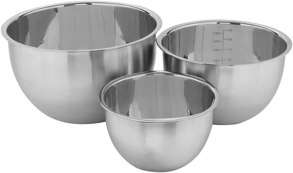 Home Basics 3 Piece Stainless Steel Nesting Mixing Bowls | Measurements on Inside | 48 oz. 96 oz. 160 oz. Sizing | High Sides for Easy Mixing