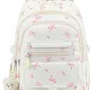 PRLINJSK Girls Backpack for College High Middle School Student, Cute Aesthetic Bookbag for Teens Women with Accessories, Beige Bow