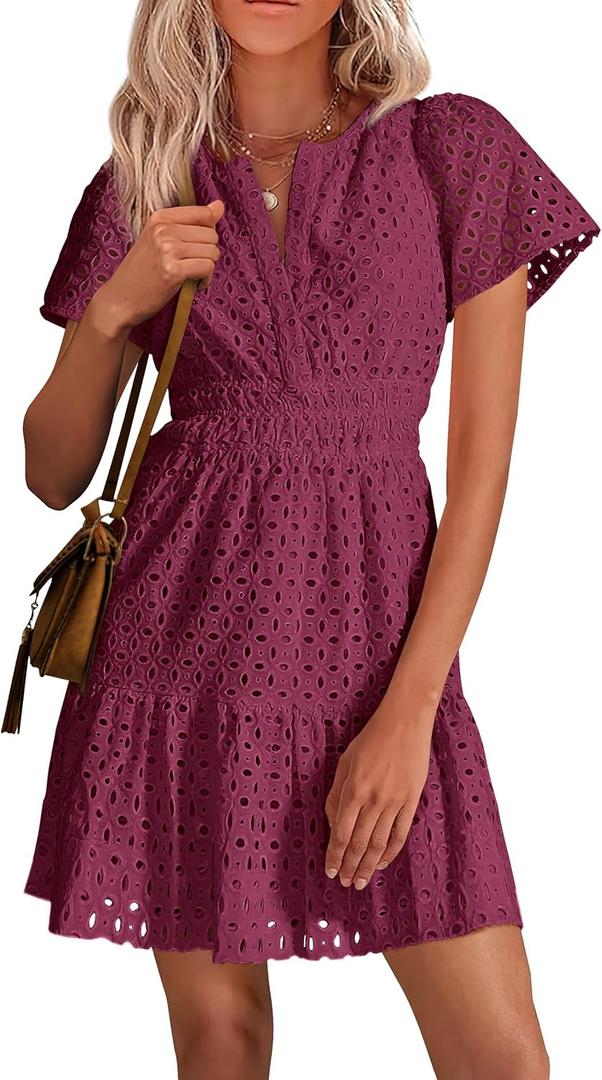 PRETTYGARDEN Womens 2026 Summer Short Dress V Neck Short Sleeve A Line Hollow Out Lace Cute Casual Beach Party Spring Dresses (S)