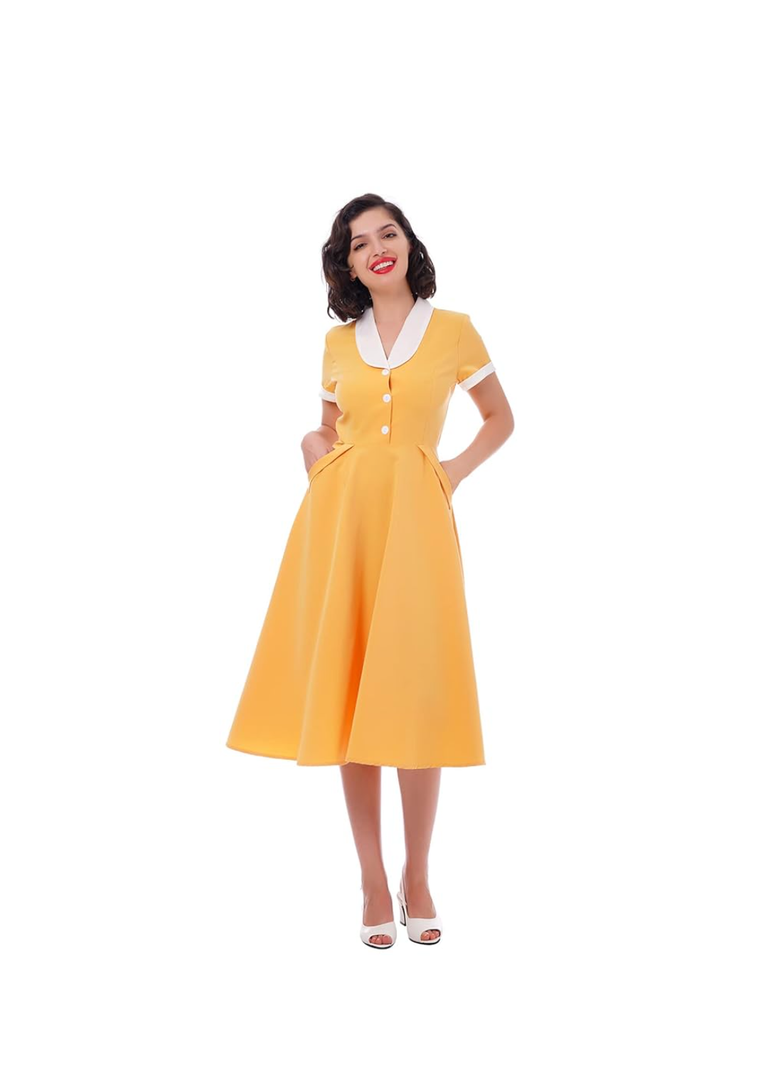 1950s Vintage Shirt Dress for Women Short Sleeve Peter Pan Collar Gingham Dress Audrey Hepburn Style Cocktail Swing Dresses, Mediu