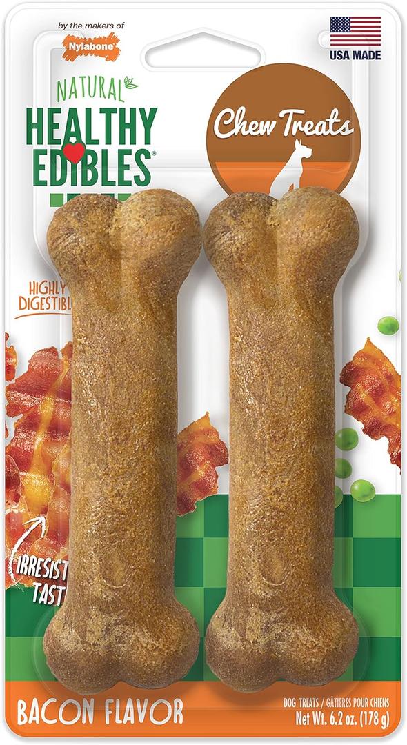 Nylabone Healthy Edibles Natural Dog Chews, Long Lasting Bones for Dogs, Bacon Flavor Dog Treats, Medium (2 Count) (EXP 08/28/28)