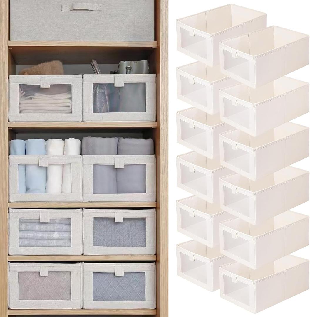 Linen Closet Organizers And Storage, 12 Pack Closet Storage Bins Linen Closet Baskets for Closet Organization Foldable Closet Organizer Bins with Clear Window For Organizing Clothing, Jeans, Shelves