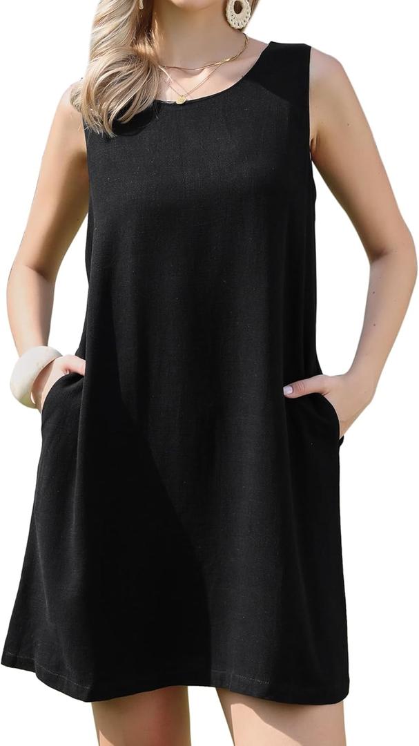 Allegra K Sleeveless Linen Shift Dress for Women's Summer Casual Crew Neck Beach Vacation Clothes with Pockets,XSMALL