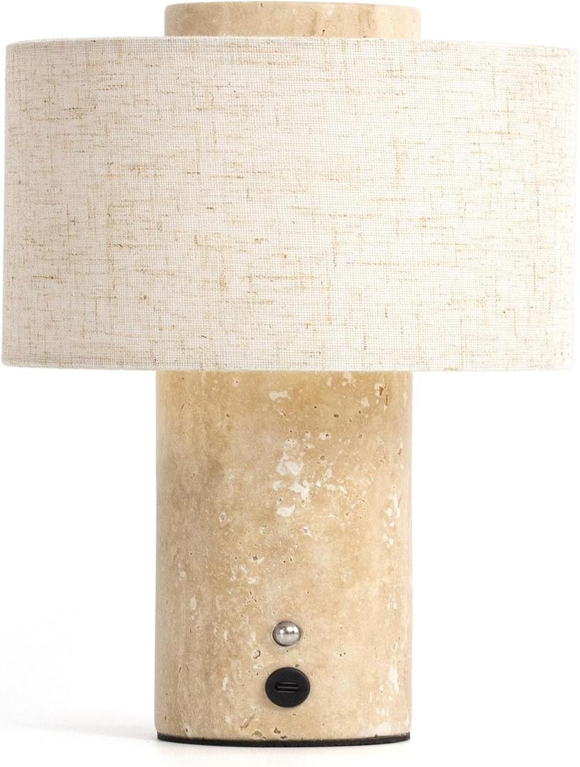 Marble Table Lamp, Rechargeable Touch Lamp, Travertine | Rechargeable cordless touch lamp with stepless dimming. Real marble base with linen shade for nightstands and desks.
