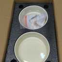 Havniva Ceramic 5.1inch Raised Double Bowls Set with Wooden Stand, Elevated Food & Water Bowls for Small Breed Dogs, Cats, Kitty, Weighted Dog Dishes, Pet Bowls(13.5oz, Beige)