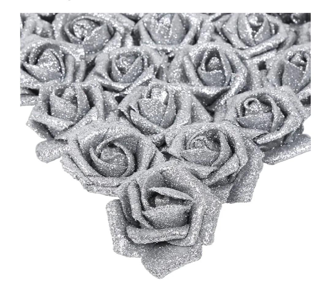 IPOPU Silver Roses Artificial Flowers,25PCS Foam Glitter Roses Glitter Flowers Fake Rose with Stems for DIY Wedding Bridal Bouquet Home Party Christmas Decoration(Silver)