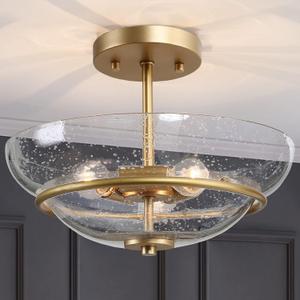 Durent Lighting Modern Semi Flush Mount Ceiling Light, Gold Close to Ceiling Light Fixture with Seeded Glass Shade for Hallway, Kitchen, Bedroom, Foyer and Dining Room(3 Light)