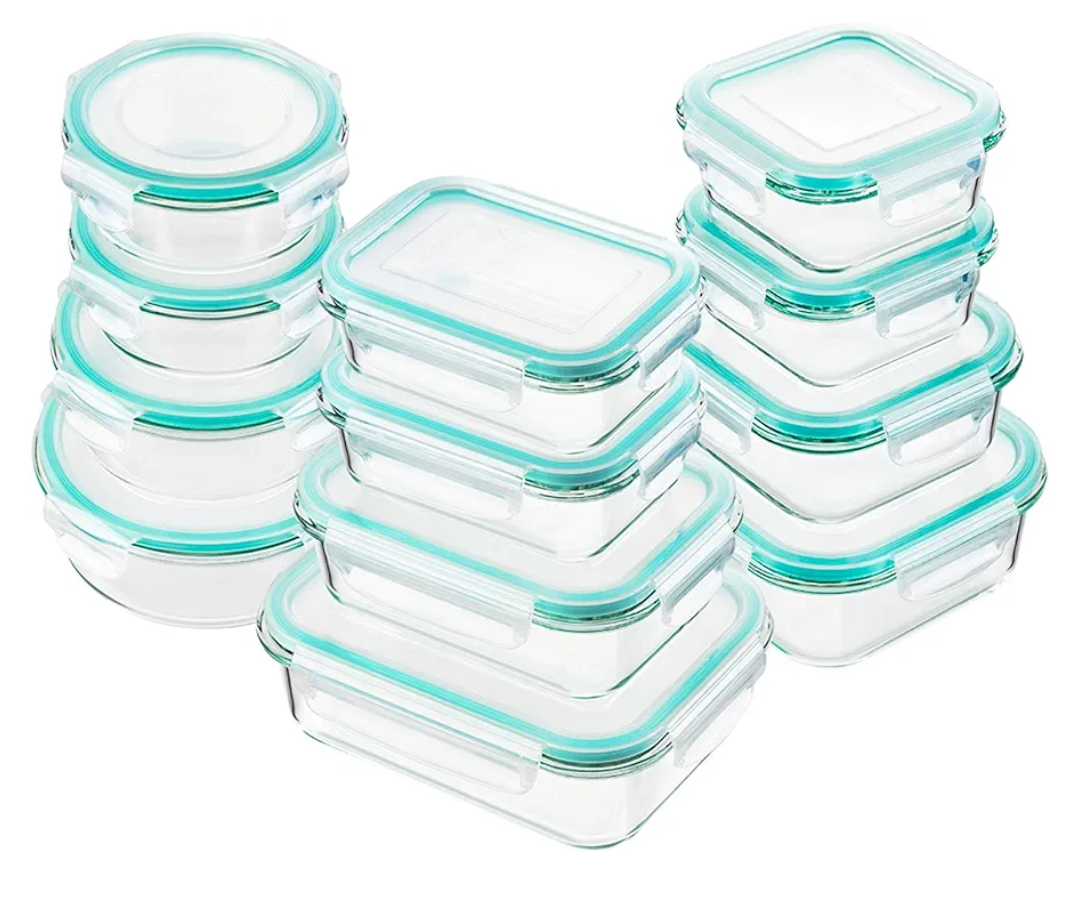 Bayco Glass Food Storage Containers with Lids, [24 Piece] Meal Prep, Airtight Bento Boxes, Leak Proof (12 lids & 12 Containers) - Blue
