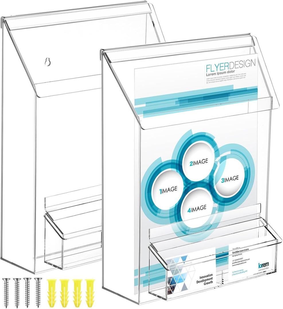 Barydat 2 Pieces Outdoor Brochure Holder with Business Card Holder Waterproof Wall Mount Literature Box Pamphlet Box Acrylic Brochure Organizer for Pamphlet Map Menu 8.75x11.75x2.25 Inch